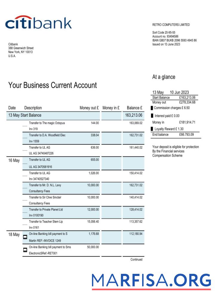 Blank Citibank bank business account statement Word and PDF template